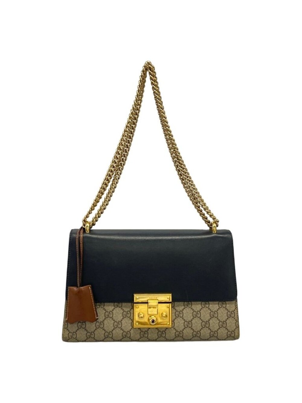 Gucci Shoulder Bag Padlock GG Supreme Beige Dark Brown Black Chain Leather